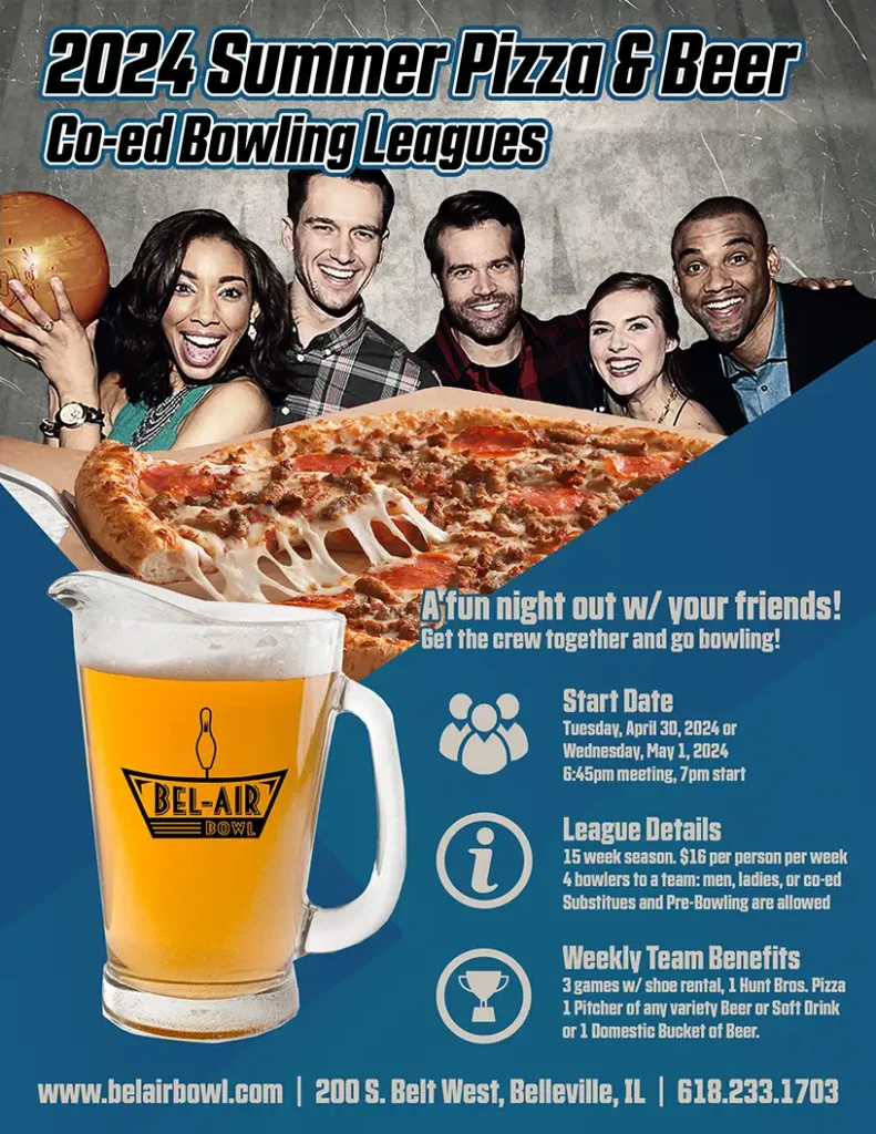 summer 2024 bowling league bel-air bowl pizza and beer