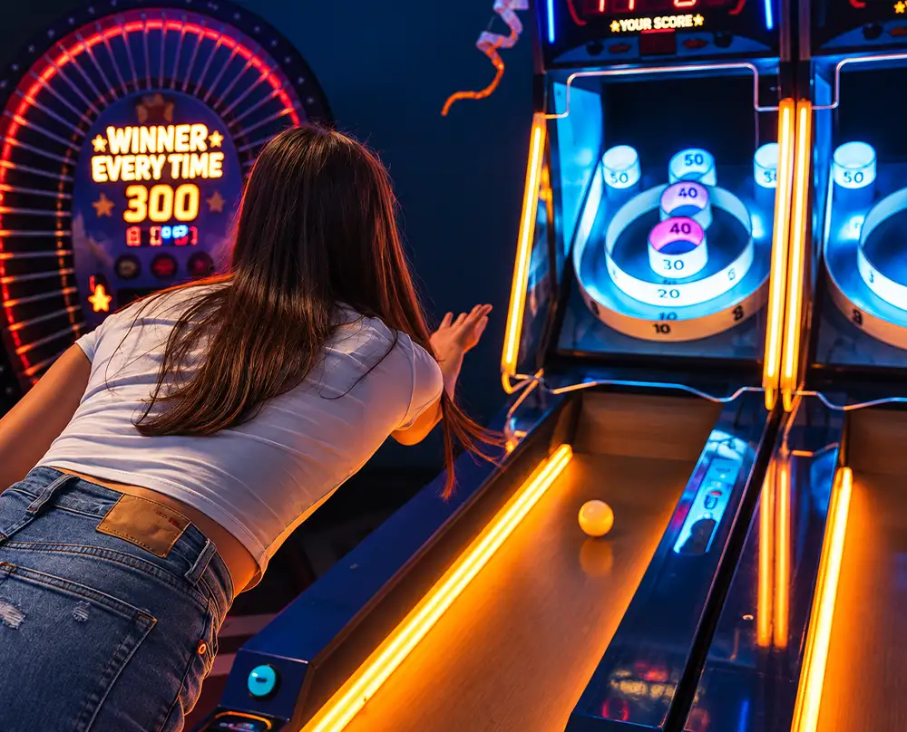 Girl playing a glowing arcade skee-ball game in the game room at Bel-Air Bowl in Belleville, IL