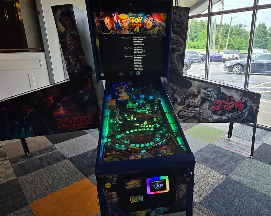 Toy Story 4 pinball machine with Stranger Things and Godzilla pinball games at Bel-Air Bowl in Belleville, IL