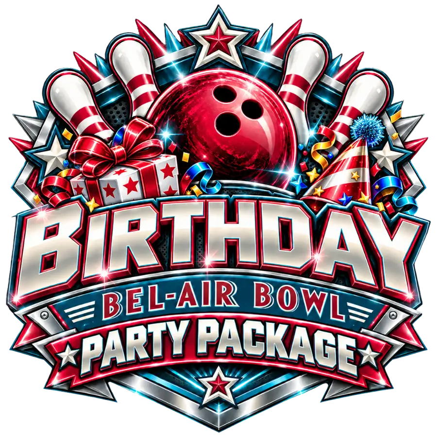 Birthday party package graphic with gift, party hat, bowling ball, and pins for Bel-Air Bowl in Belleville, IL