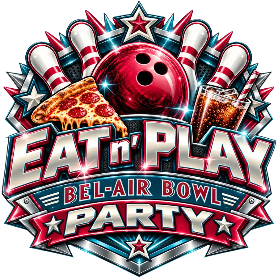 Eat n' Play party graphic with pizza slice, soda, bowling ball, and pins for Bel-Air Bowl in Belleville, IL