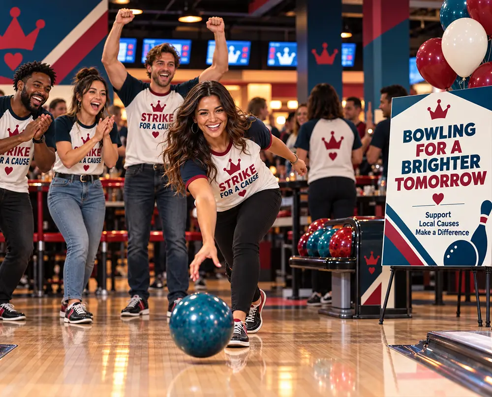 Group in "Strike for a Cause" shirts cheering a bowler at a fundraising event at Bel-Air Bowl in Belleville, IL